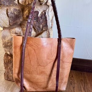 Tan Authentic Leather Tote Bag with Horse Latigo Detail straps